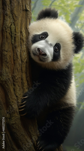 Panda bears in the wild of China, in the style of emotional body language, hardy, strong facial expressions, and light white. Beautiful nature.