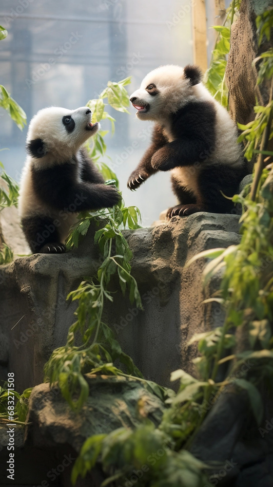 Fototapeta premium Panda bears in the wild of China, in the style of emotional body language, hardy, strong facial expressions, and light white. Beautiful nature.