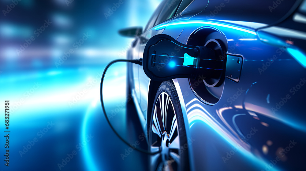 Close up charging an electric car battery, new innovative technology Electrical vehicle , Black and blue electric car charging station .AI Generative 