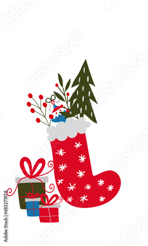 christmas tree and gifts. Christmas sock with gifts vector