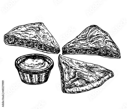 Borek. Gozleme is Turkish pastry. Turkish street food. Baked appetizing Turkish tortillas with feta cheese, potatoes or spinach. Hand drawn vector illustration of Turkish Food.