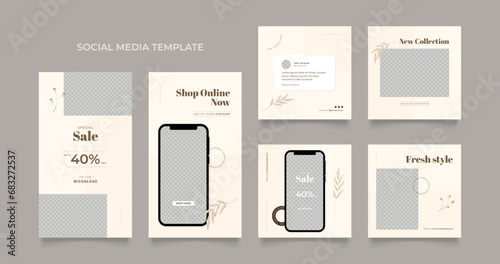 Social media template banner blog fashion sale promotion. fully editable instagram and facebook square post frame puzzle organic sale poster. brown beige vector background