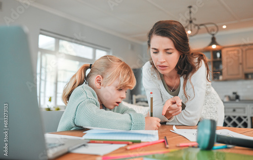Woman, child and homework help in home for school education, learning notebook or parent support. Student, female person and paper for development reading or writing project, helping for info study