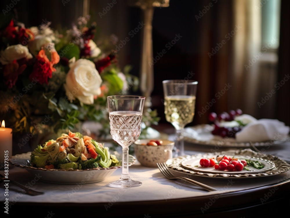 Dinner table setting for Thanksgiving dinner in a restaurant Traditional Thanksgiving turkey dinner.