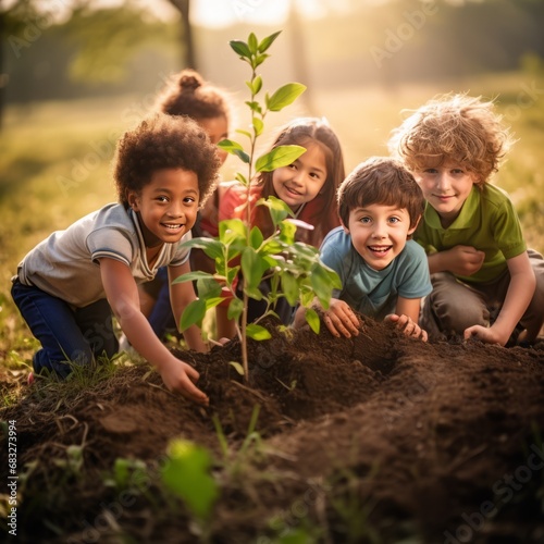 multicultural group of children planting a tree together, new generations saving the planet