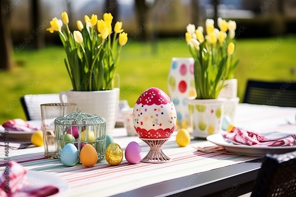 easter still life with eggs and flowers, easter table setting.