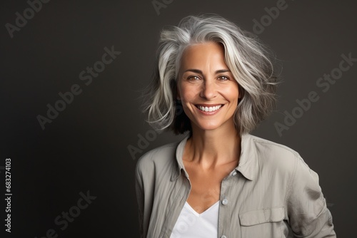 portrait of a beautiful 50s mid age beautiful senior model woman with grey hair smiling