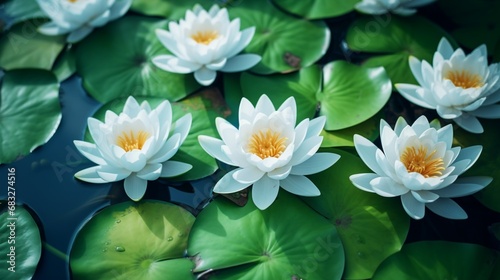 Green and white lotus flowers in blue water