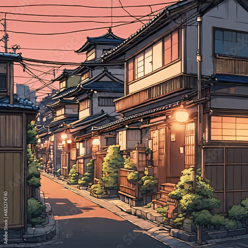 a beautiful japanese tokyo city town in the evening. houses at the street. anime comics artstyle. cozy lofi asian architecture. 169 4k resolution. Generative AI