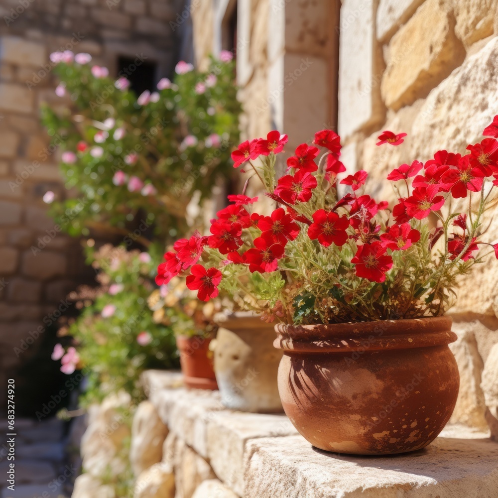 red flowers in beautiful vintage pots, on the wall 