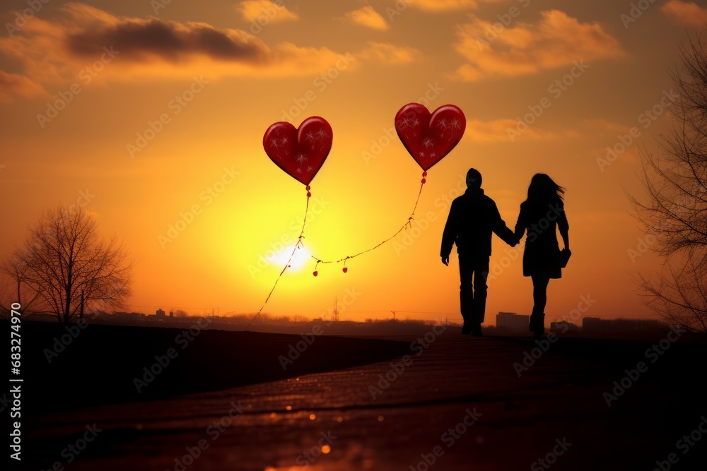 silhouette of a couple holding hands, red balloons, valentines celebrations