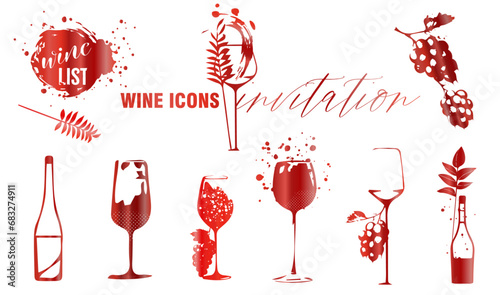 Wine icons - Collection of wine glasses and bottles. Elements for invitation cards, advertising banners and menus.