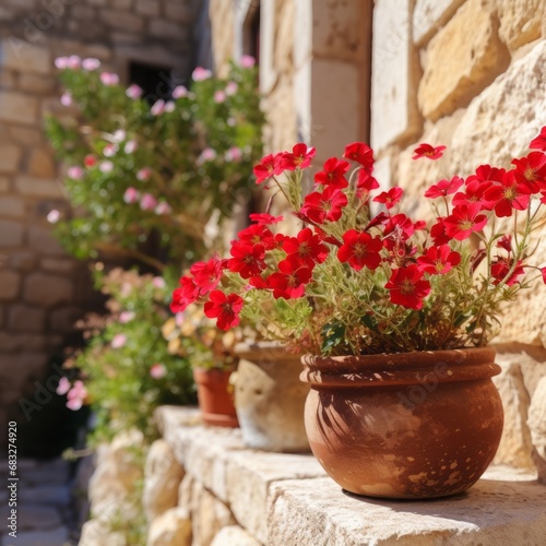 red flowers in beautiful vintage pots, on the wall  © Sladjana