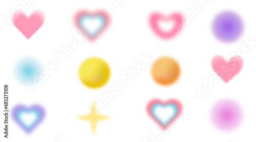 Abstract blurred gradient shapes, blurry flower or heart aura aesthetic elements, and colourful soft gradients. This vector set includes circle and star shape blurs, geometric forms with blurring photo