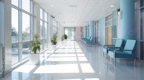 Empty modern hospital corridor with rooms and seats waiting room in medical office. Healthcare service interior