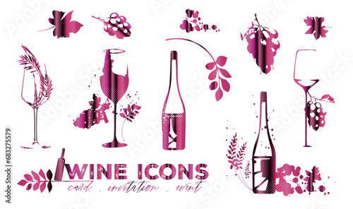 Wine icons - Collection of wine glasses and bottles. Elements for invitation cards, advertising banners and menus.