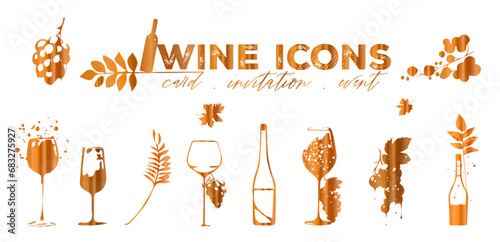 Wine icons - Collection of wine glasses and bottles. Elements for invitation cards, advertising banners and menus.