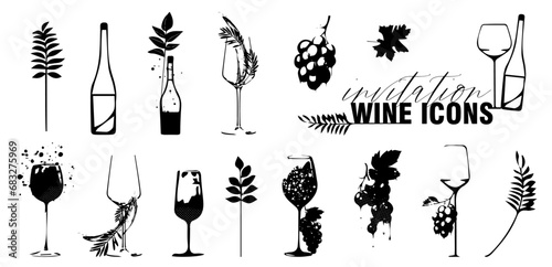 Wine icons - Collection of wine glasses and bottles. Elements for invitation cards, advertising banners and menus. photo