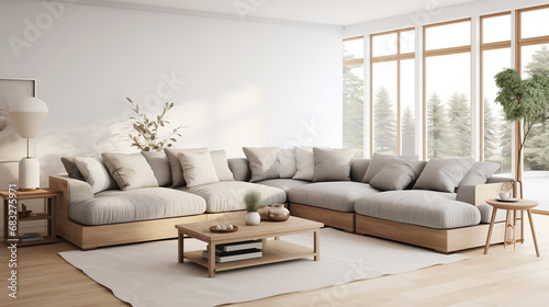 Gray sectional sofa with a selection of neutral throw pillows, situated in an open-concept living space. Convey the concept of modern and versatile interior design. © Colorful