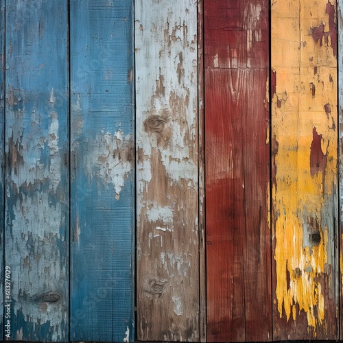 Detailed vintage worn wooden ledge texture with peeling paint in the colors blue brown yellow, faded red.