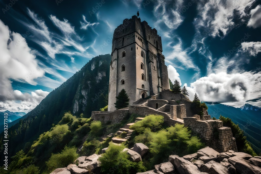 A tower at the top of a mountain stands tall, reaching for the heavens A tower at the top of a mountain stands tall, reaching for the heavens