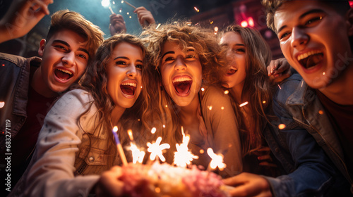 Group of joyful friends celebrating with a birthday cake adorned with sparklers, their faces lit by the warm glow of the candles, sharing a moment of happiness and excitement.