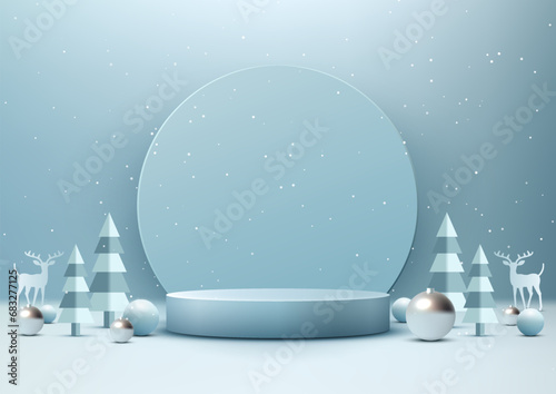 Christmas Podium Decoration with Soft Blue Circle Backdrop and Pine Tree for Product Display