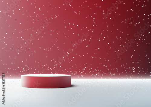 Red Podium Christmas Decoration with Snowy Background, Vector Illustration