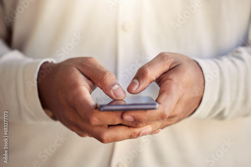 Person, hands and typing on smartphone, search social media app and update subscription. Closeup, cellphone user and download mobile games, scroll digital network or reading notification from contact