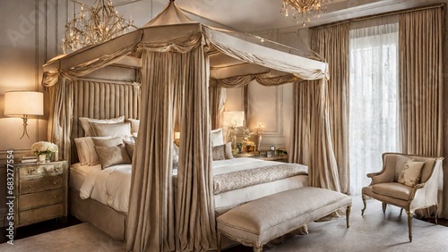 an opulent bedroom adorned with a meticulously designed canopy bed, lavish textiles, and refined, delicate illumination. 