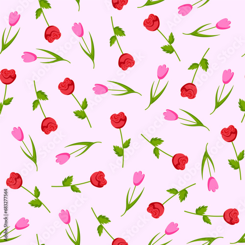 Tulips and roses seamless pattern in cartoon style. Floral background on pink. Vector illustration.