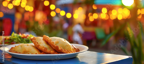 A close-up of mouthwatering empanadas, highlighting their traditional appeal, featuring a crispy dough and delectable fillings, perfect for lunch or as a snack. photo