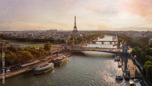 Paris aerial panorama, France, Paris and Seine river cityscape panoramic view
