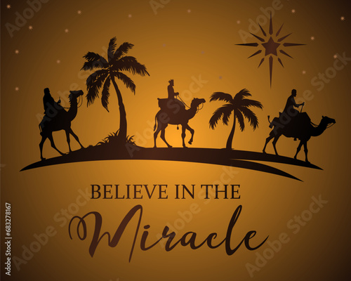 Konstfotografi Believe in the miracle nativity scene three wisemen on camels with palms and a