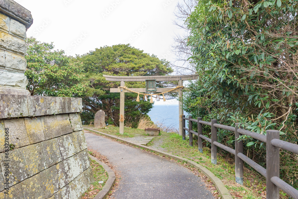 Far place of worship of the Miho Shrine at the Mihonoseki Lighthouse in Shimane Prefecture, Japan.