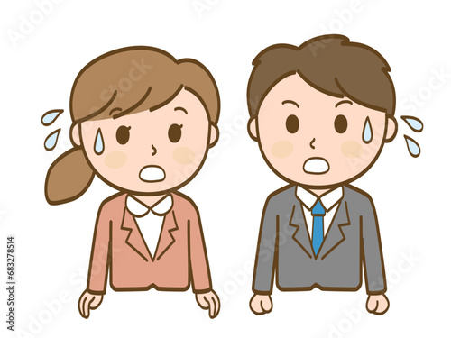 冷や汗をかいて焦るスーツ姿の女性会社員と男性会社員