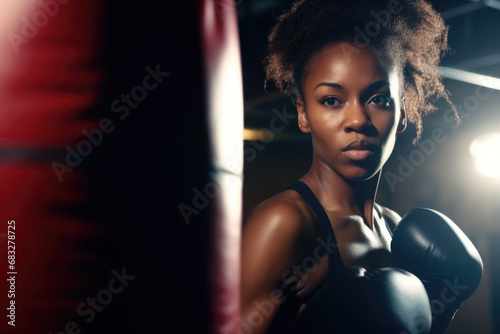 Focused black female boxer training with punching bag. photo