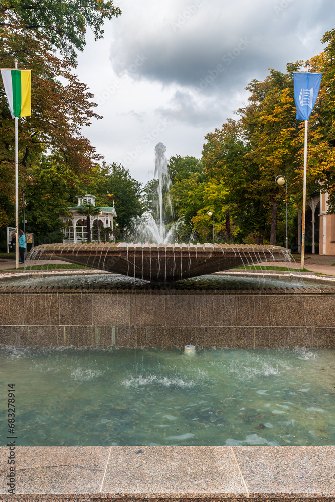 Fountain with gazebo on the background in Frantiskovy Lazne in Czech republic