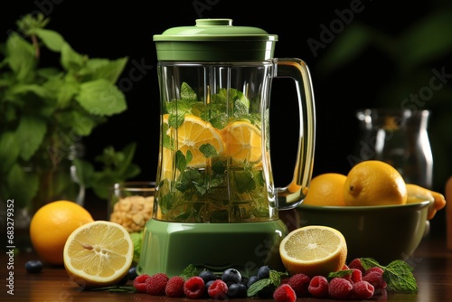 an electric juicer with fresh fruits