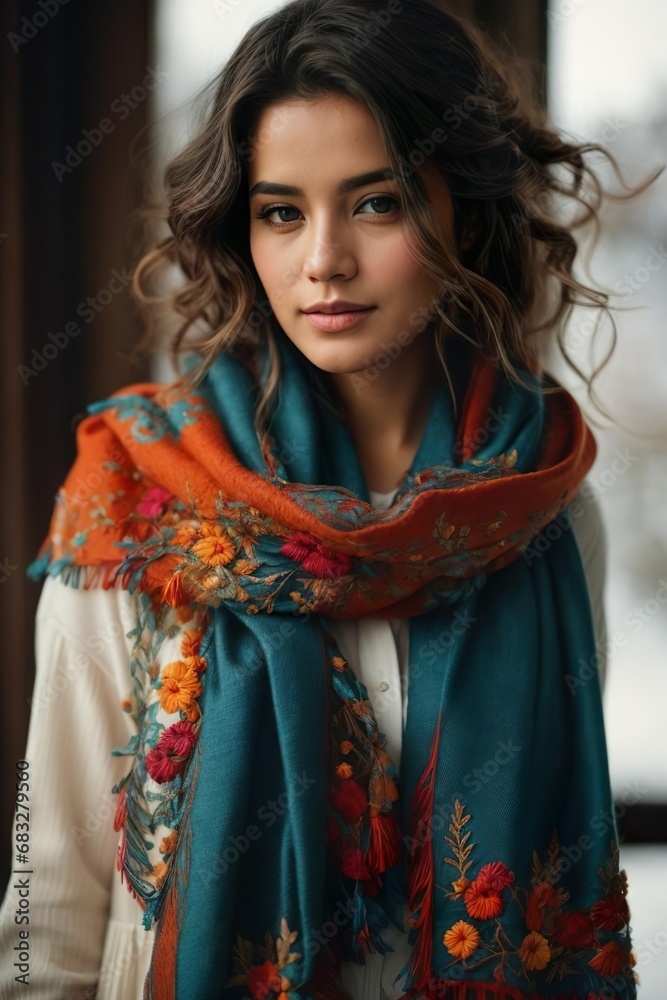 Portrait of a Woman in winter and autumn in a warm wool scarf with hand embroidery. Portrait of a Woman in winter and autumn in a warm wool scarf with hand embroidery.