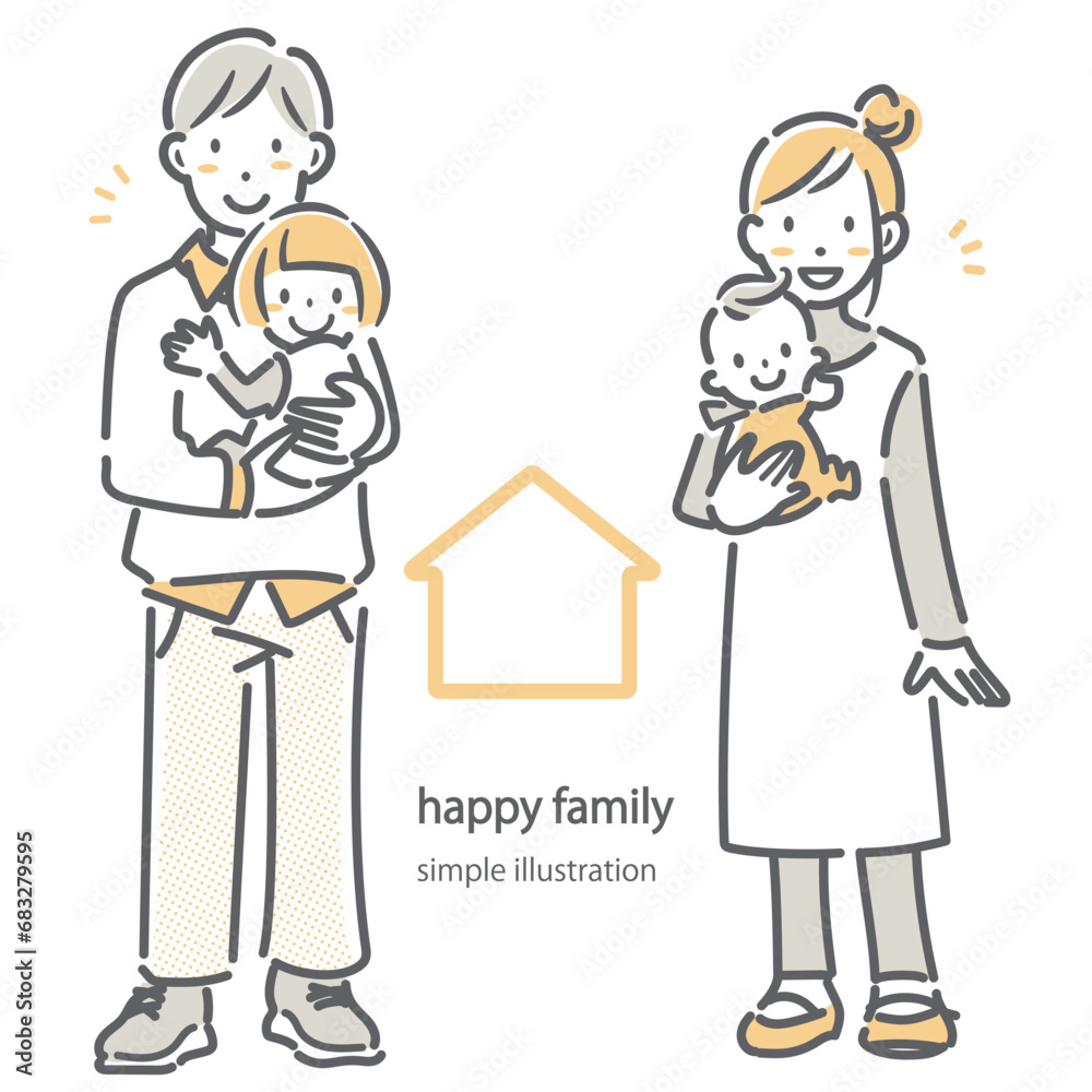 若い夫婦と子供たち　シンプルでお洒落な線画イラスト