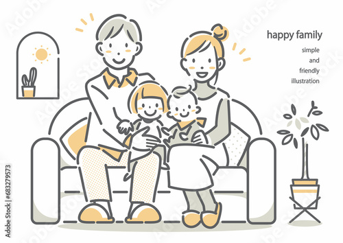 ソファに座る若い四人家族 シンプルでお洒落な線画イラスト