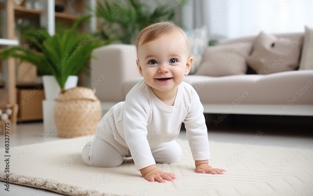 Cute baby in white clothes crawls on the floor in living room. Charming little baby boy 6 months smiling and looking at the camera in home.