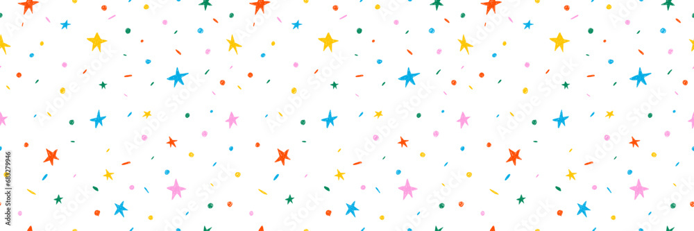 Hand drawn simple sprinkle seamless pattern. Bright color confetti, stars on white background. Vector Illustration for holiday, party, birthday, invitation.