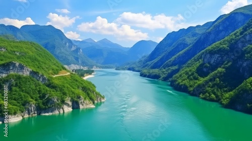 Emerald water of Piva lake. Montenegro. Nature travel background