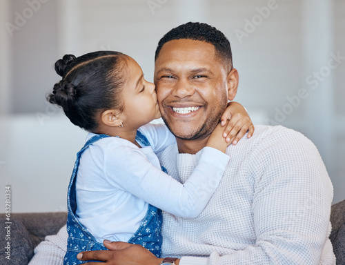 Portrait, kiss and happy child hug dad, family or papa care, support and smile for young girl, youth or daughter. Lounge couch, face and home affection for Fathers Day bonding, love and embrace kid