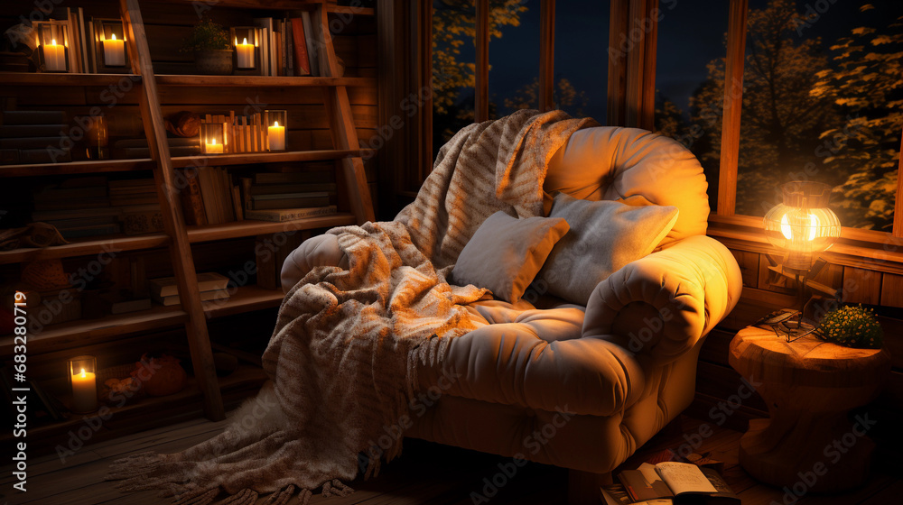 Cozy Reading Nook with Armchair and Bookshelves - A Sanctuary for Book Lovers
