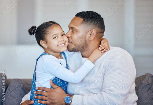 Portrait, kiss and happy kid hug dad, family or papa childcare, support or love for young girl, youth or daughter. Home lounge sofa, parent affection and Fathers Day bond, smile and hugging USA child