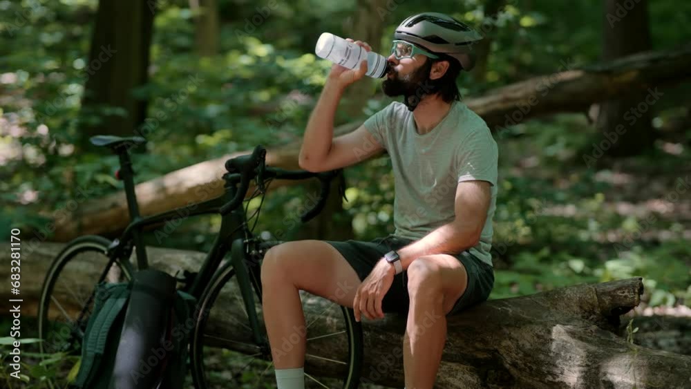 Cyclist in helmet drinks water from bottle after bike ride Cyclist in helmet drinks water from bottle after bike ride
