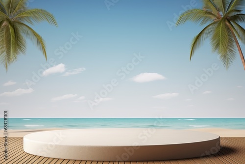 Free photo 3d render of a wooden table looking out to a tropical landscape